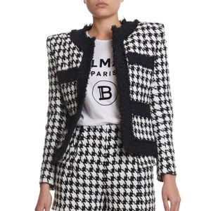 BALMAIN black white houndstooth tweed 4 pocket padded cropped jacket FR42